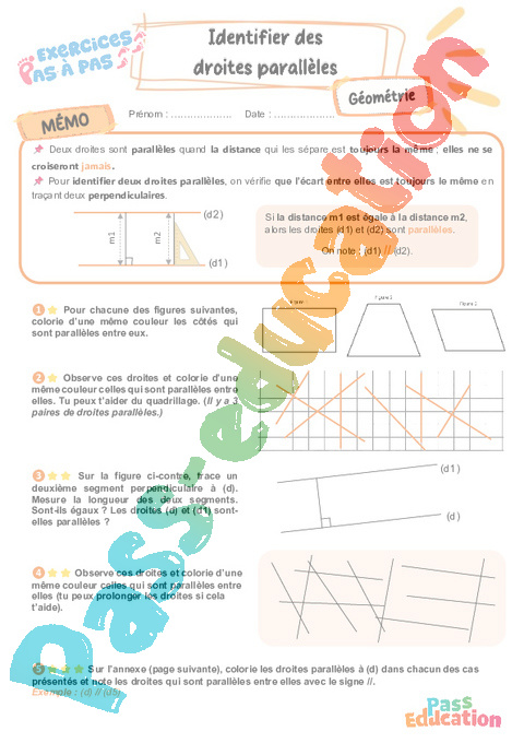 Leçon, exercice et évaluation :<br/> Identifier des droites parallèles : CM2