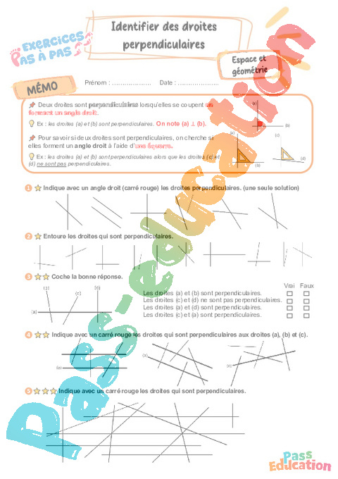 Leçon, exercice et évaluation :<br/> Identifier des droites perpendiculaires : CM2