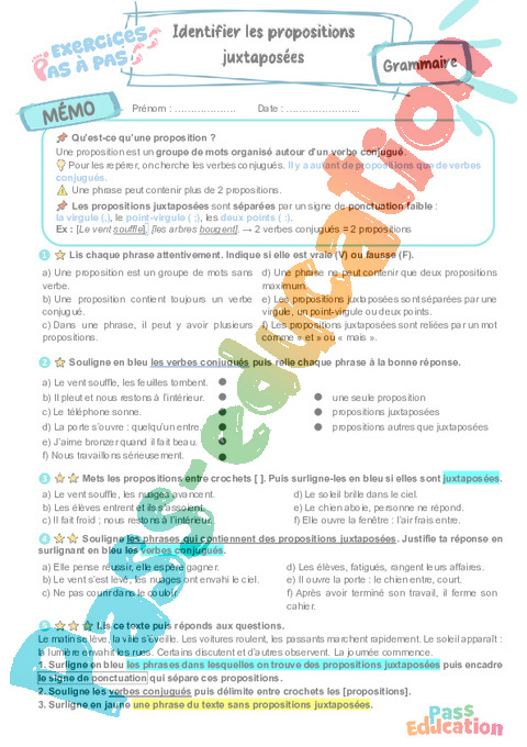 Cours et exercice : Identifier des propositions juxtaposées : 6ème