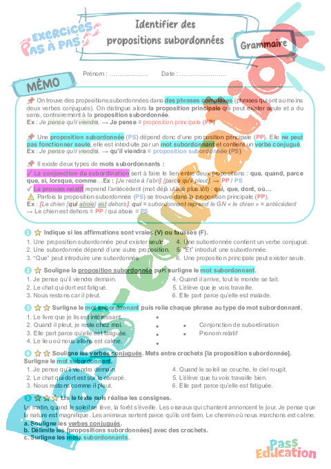 Cours et exercice : Identifier des propositions subordonnées : 6ème