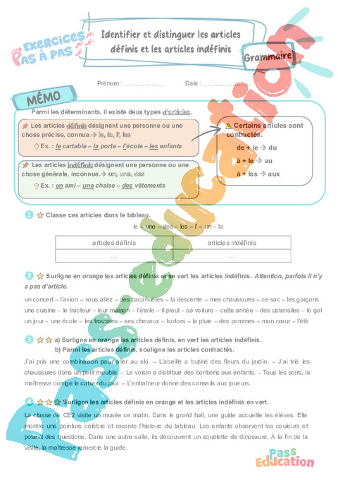 Leçon, exercice et évaluation :<br/> Identifier et distinguer les articles définis et les articles indéfinis : CE2