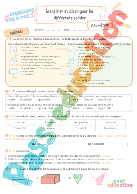 Leçon, exercice et évaluation :<br/> Identifier et distinguer les différents solides : CM2