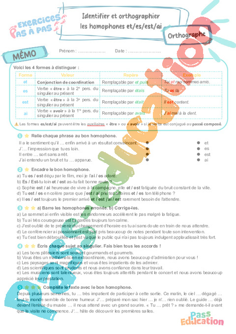 Cours et exercice : Identifier et orthographier les homophones et/es/est/ai : 6ème