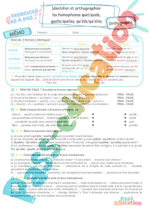 Cours et exercice : Identifier et orthographier les homophones quel/quels, quelle/quelles, qu’elle/qu’elles : 6ème