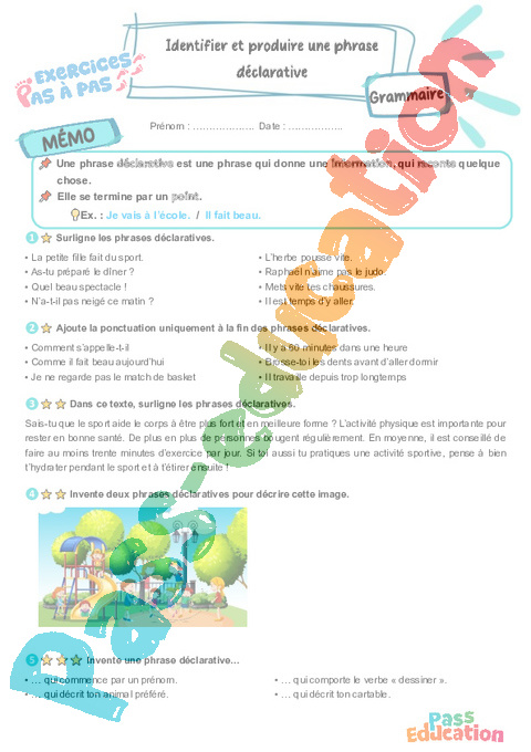 Leçon, exercice et évaluation :<br/> Identifier et produire une phrase déclarative : CM1
