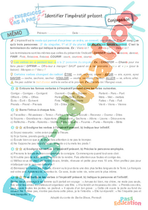 Cours et exercice : Identifier l’impératif présent : 6ème