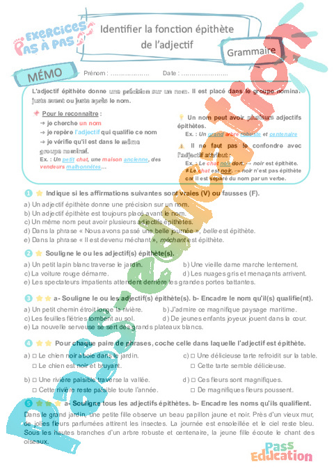 Cours et exercice : Identifier la fonction épithète de l’adjectif : 6ème