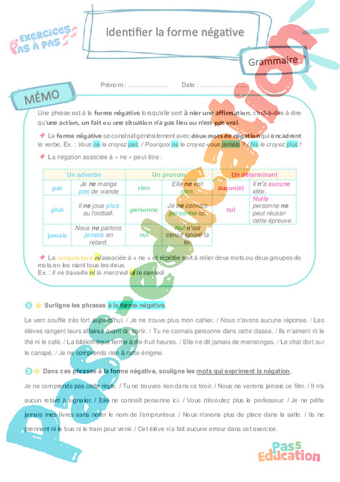 Cours et exercice : Identifier la forme négative : 5ème