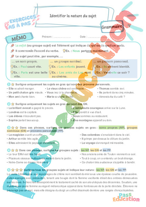 Leçon, exercice et évaluation :<br/> Identifier la nature du sujet : CM2