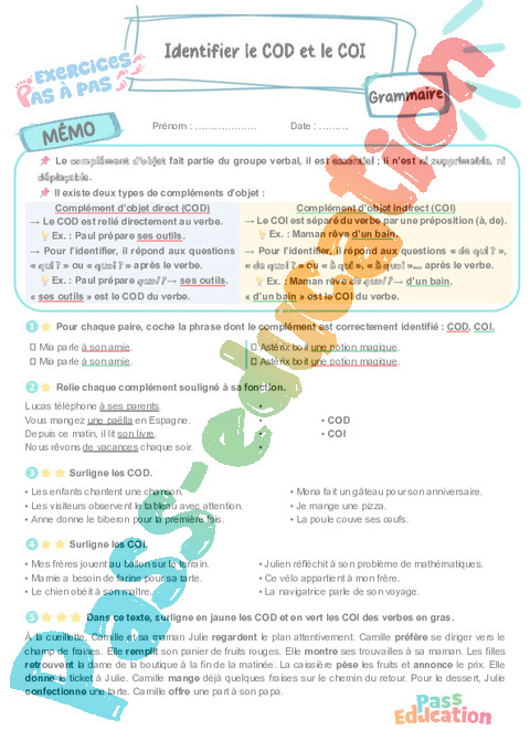 Leçon, exercice et évaluation :<br/> Identifier le COD et le COI : CM1