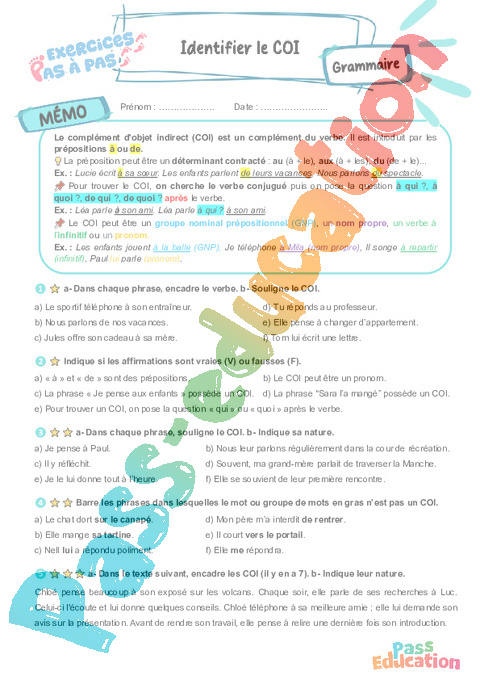 Cours et exercice : Identifier le complément d'objet indirect (COI) : 6ème