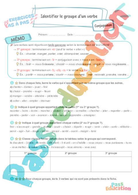Leçon, exercice et évaluation :<br/> Identifier le groupe d’un verbe : CM2