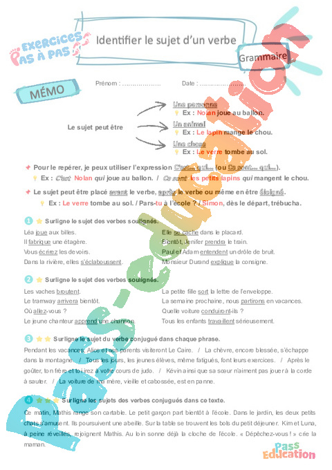 Leçon, exercice et évaluation :<br/> Identifier le groupe sujet dans une phrase simple : CE2