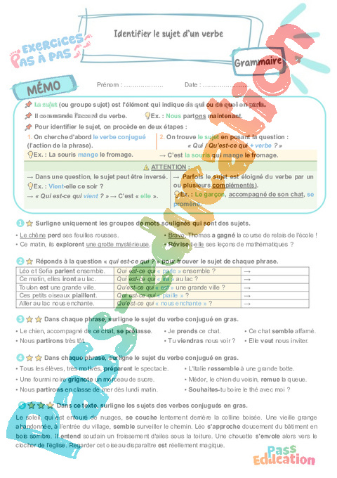 Leçon, exercice et évaluation :<br/> Identifier le groupe sujet dans une phrase simple : CM2