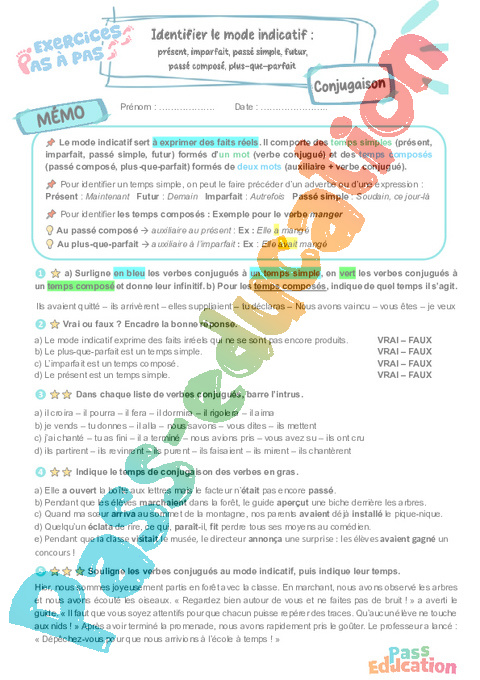 Cours et exercice : Identifier le mode indicatif - présent, imparfait, passé simple, futur, passé composé, plus-que-parfait : 6ème