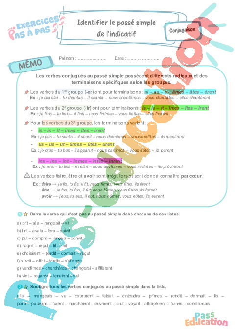 Cours et exercice : Identifier le passé simple de l'indicatif : 5ème