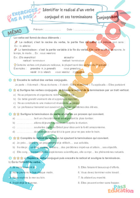 Cours et exercice : Identifier le radical d’un verbe conjugué et ses terminaisons : 6ème