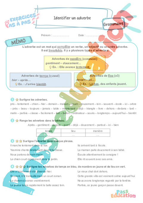 Leçon, exercice et évaluation :<br/> Identifier le sens d’un adverbe : CE2
