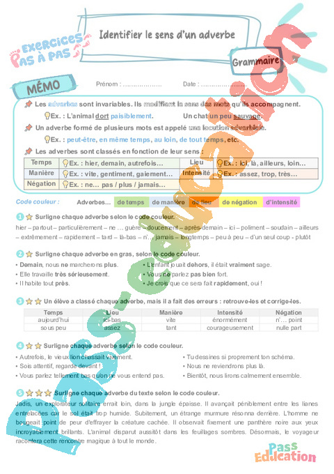 Leçon, exercice et évaluation :<br/> Identifier le sens d’un adverbe : CM2