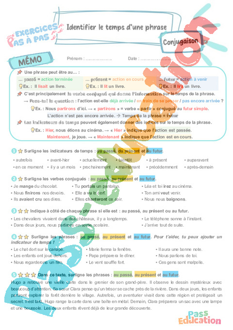 Leçon, exercice et évaluation :<br/> Identifier le temps d’une phrase : CM2
