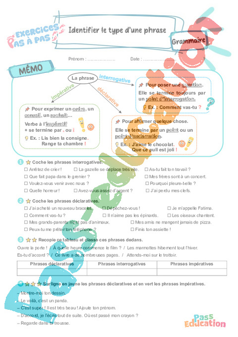 Leçon, exercice et évaluation :<br/> Identifier le type d’une phrase : CE2