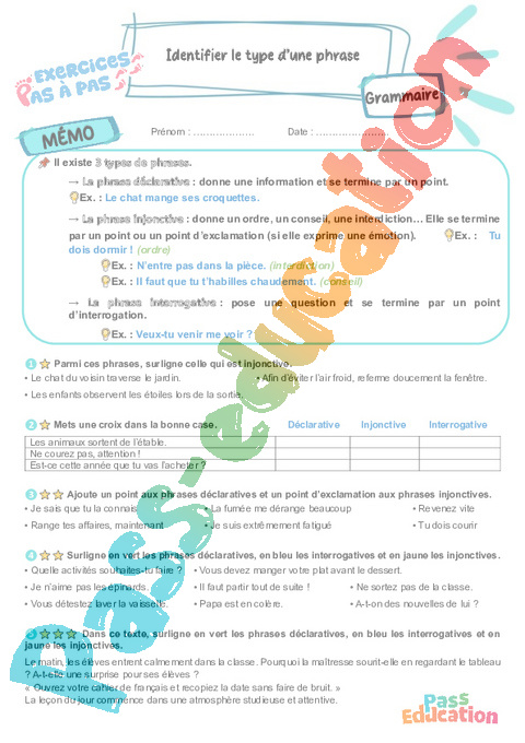 Leçon, exercice et évaluation :<br/> Identifier le type d’une phrase : CM2