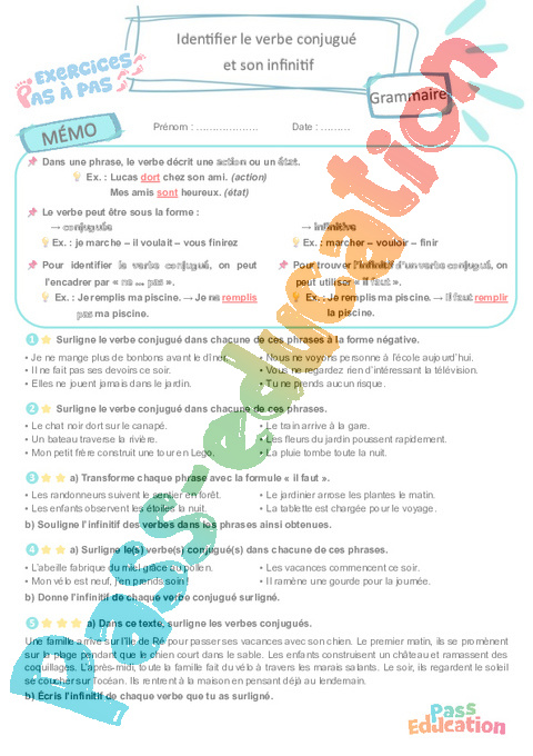 Leçon, exercice et évaluation :<br/> Identifier le verbe conjugué et son infinitif : CM1