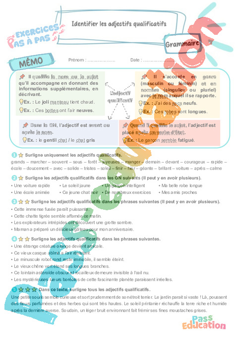 Leçon, exercice et évaluation :<br/> Identifier les adjectifs qualificatifs : CM2