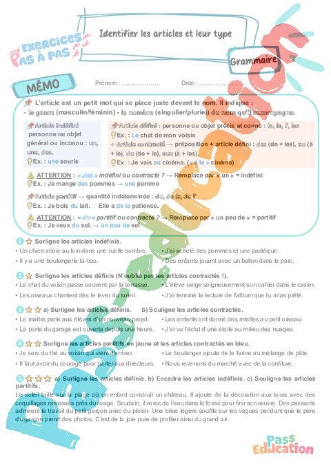 Leçon, exercice et évaluation :<br/> Identifier les articles et leur type : CM2
