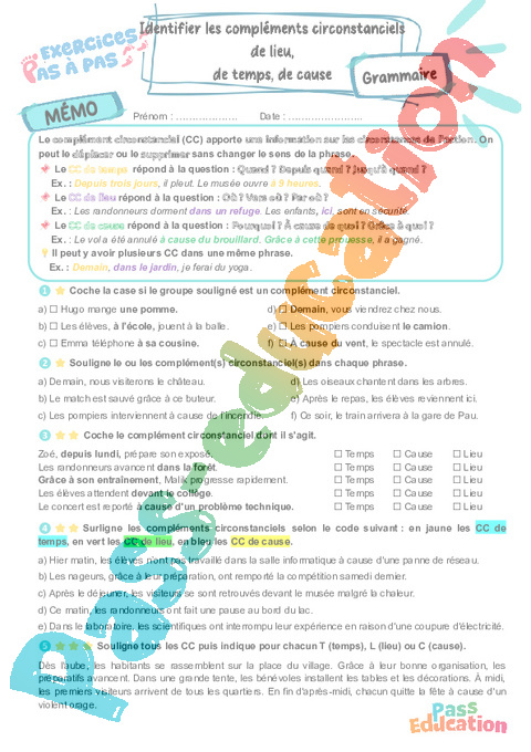 Cours et exercice : Identifier les CC de temps, lieu et cause : 6ème