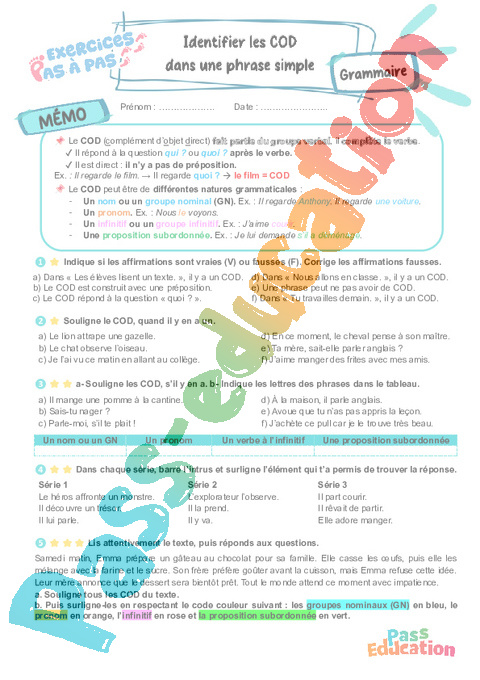 Cours et exercice : Identifier les COD dans une phrase simple : 6ème