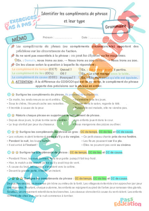 Leçon, exercice et évaluation :<br/> Identifier les compléments de phrase et leur type : CM2