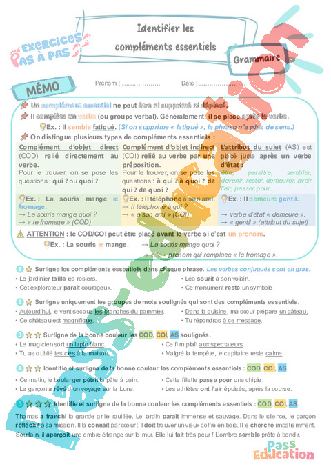 Leçon, exercice et évaluation :<br/> Identifier les compléments essentiels (COD, COI, AS) : CM2