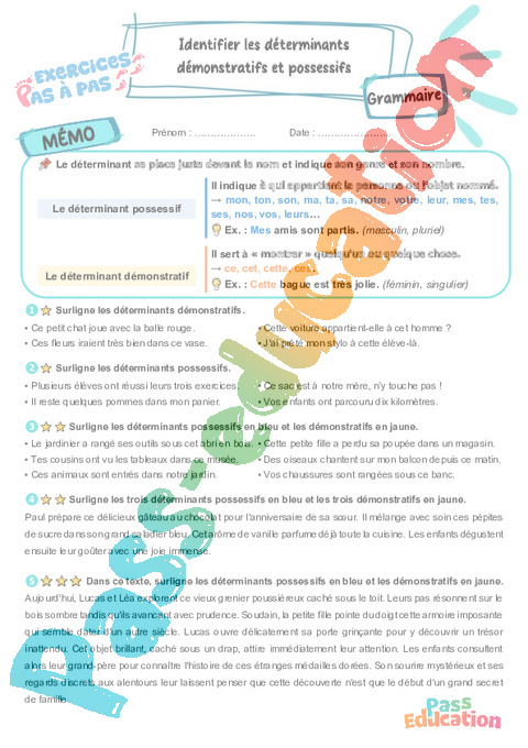 Leçon, exercice et évaluation :<br/> Identifier les déterminants démonstratifs et possessifs : CM2