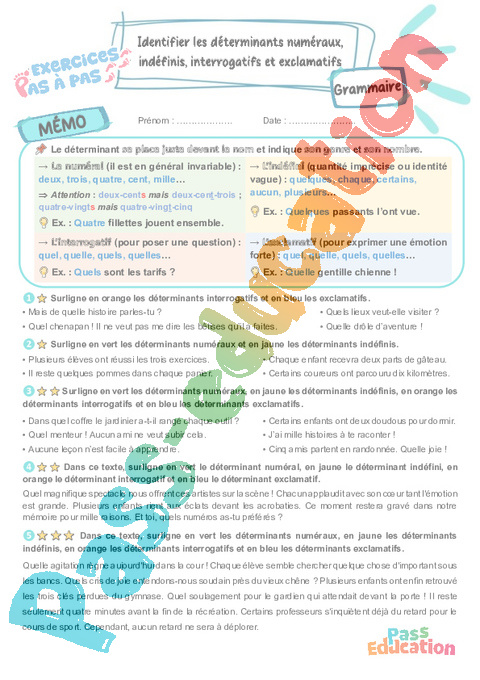 Cours et exercice : Identifier les déterminants (numéraux, interrogatifs, indéfinis et exclamatifs) : 5ème