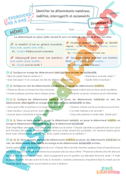 Cours et exercice : Identifier les déterminants (numéraux, interrogatifs, indéfinis et exclamatifs) : 6ème
