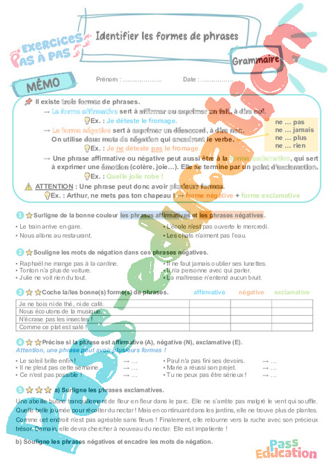 Leçon, exercice et évaluation :<br/> Identifier les formes de phrases : CM1
