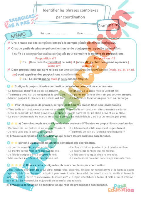 Leçon, exercice et évaluation :<br/> Identifier les phrases complexes par coordination : CM1