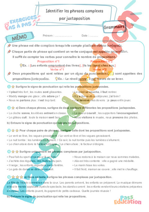Leçon, exercice et évaluation :<br/> Identifier les phrases complexes par juxtaposition : CM1
