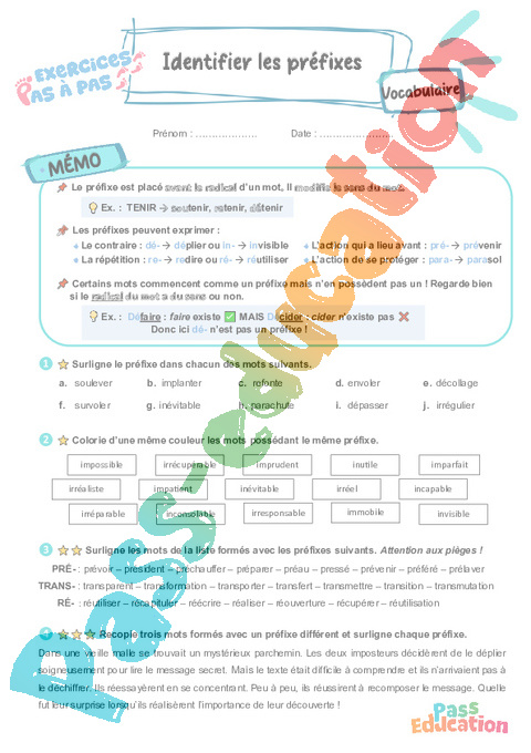 Leçon, exercice et évaluation :<br/> Identifier les préfixes : CE2