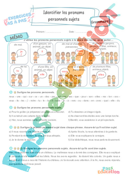 Leçon, exercice et évaluation :<br/> Identifier les pronoms personnels sujets : CE2