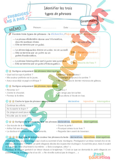 Leçon, exercice et évaluation :<br/> Identifier les trois types de phrases : CM1