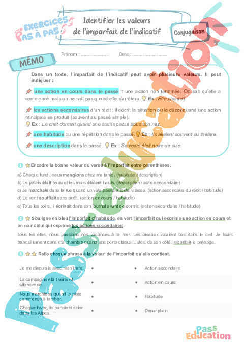 Cours et exercice : Identifier les valeurs de l’imparfait de l’indicatif : 5ème