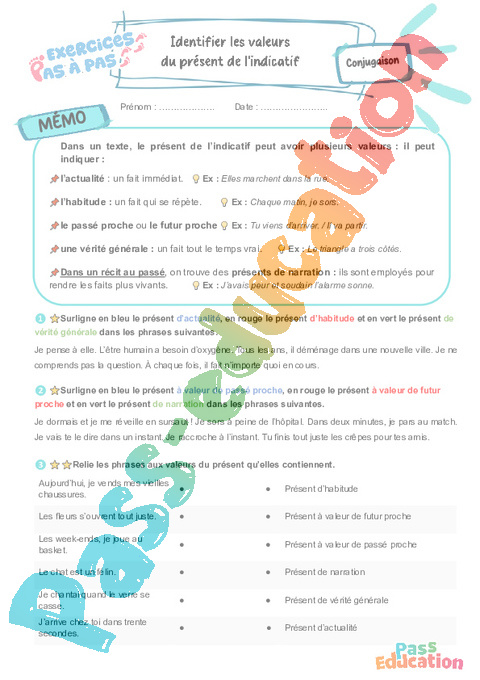 Cours et exercice : Identifier les valeurs du présent de l'indicatif : 5ème