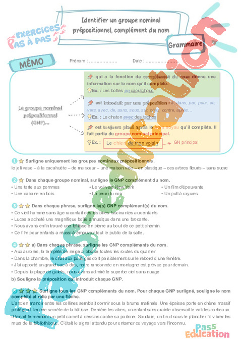 Leçon, exercice et évaluation :<br/> Identifier un groupe nominal prépositionnel complément du nom : CM2