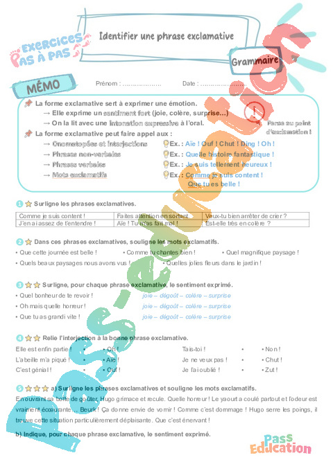 Leçon, exercice et évaluation :<br/> Identifier une phrase exclamative : CM2