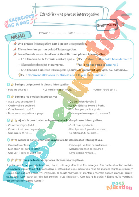 Leçon, exercice et évaluation :<br/> Identifier une phrase interrogative : CM1