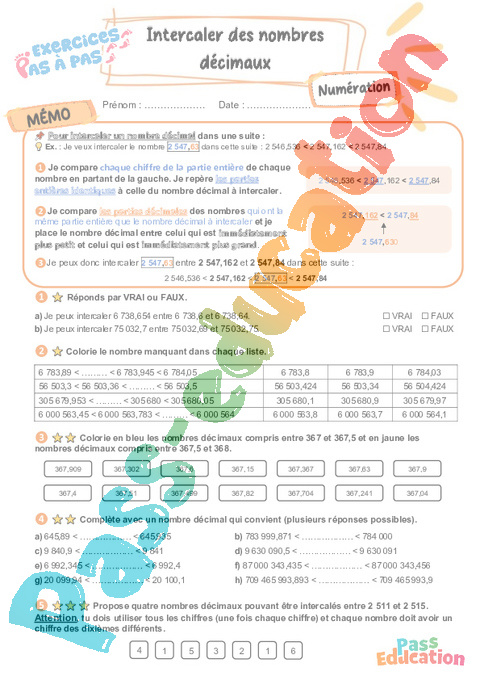 Leçon, exercice et évaluation :<br/> Intercaler des nombres décimaux : CM2