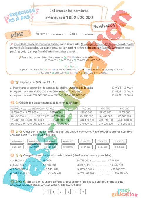 Leçon, exercice et évaluation :<br/> Intercaler les nombres inférieurs à 1 000 000 000 : CM2