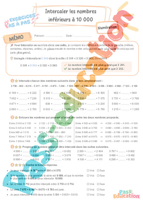 Leçon, exercice et évaluation :<br/> Intercaler les nombres inférieurs à 10 000 : CE2